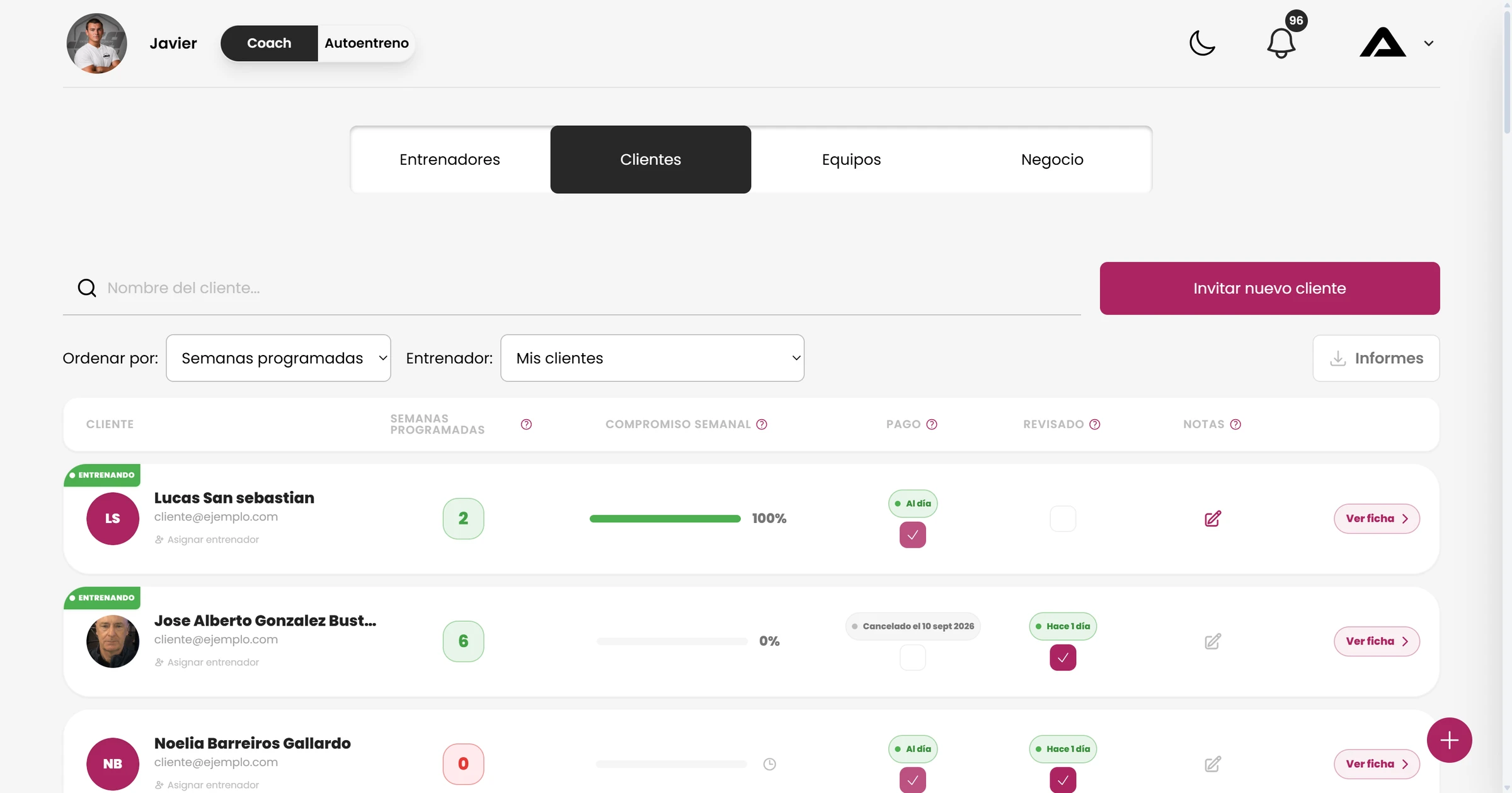 Panel de clientes del entrenador en Askesis